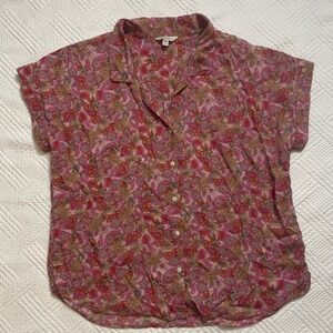 Lucky Brand Womens Medium Top Button Down Cap Sleeve Floral Pink Boho Hippie